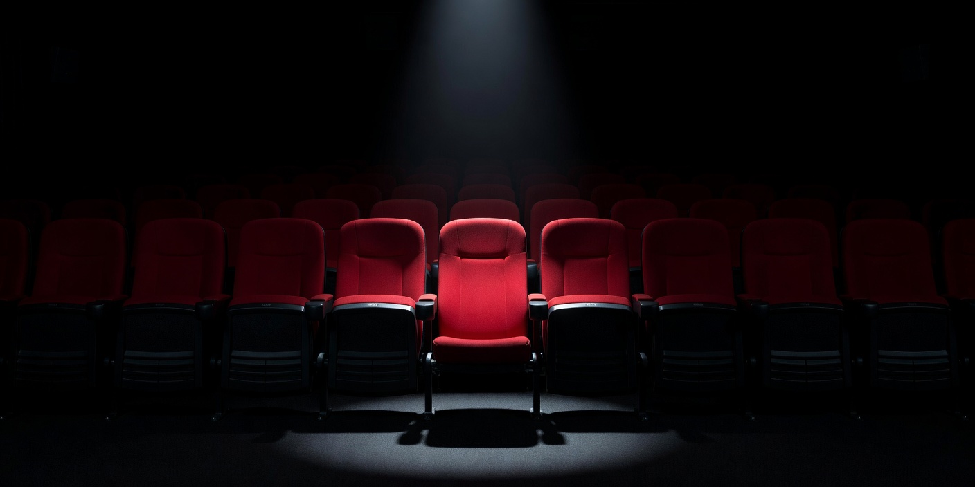 Rows of empty red cinema seats in darkness with a single spotlight falling on one seat