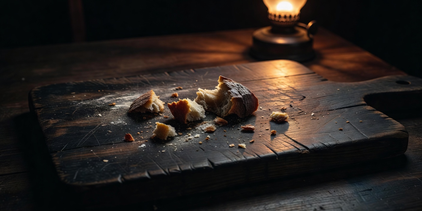 A few crumbs on a dark wooden board caught in a pool of lamplight
