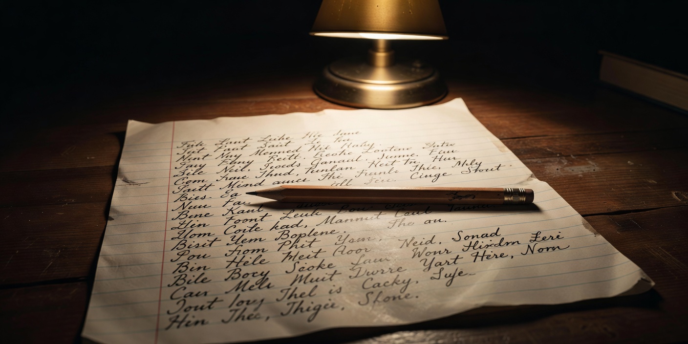 A handwritten list of film titles on lined paper beneath a desk lamp, a pencil resting across it
