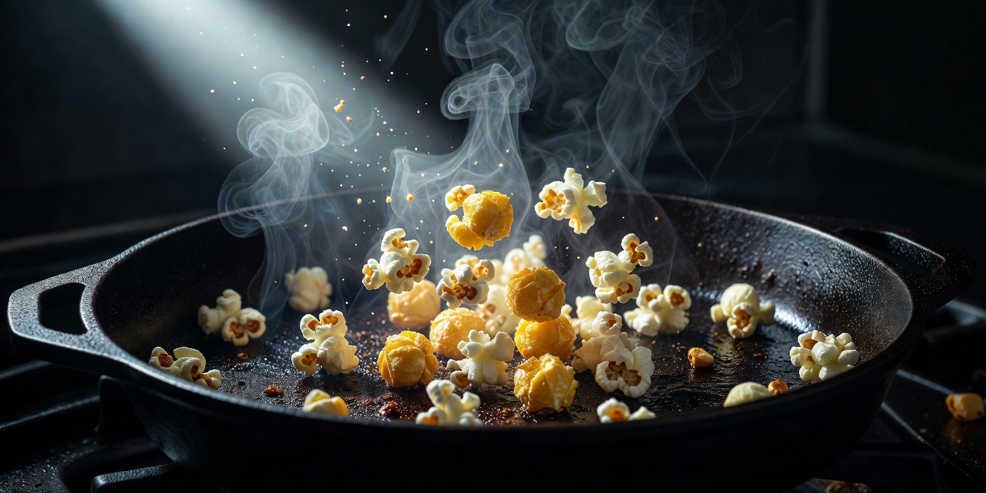 Popcorn kernels bursting in a black iron pan, wisps of steam caught in a narrow beam of light