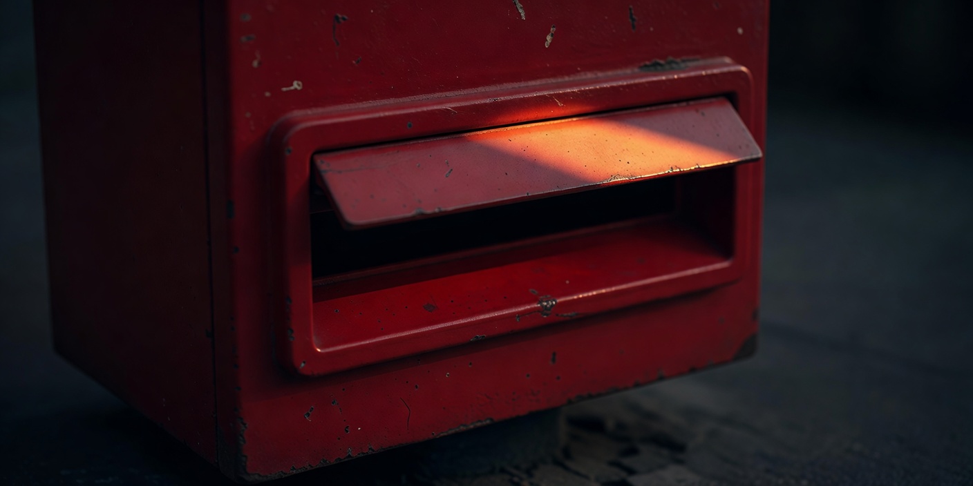 The slot of an old red postbox in evening shadow, one edge catching the last light