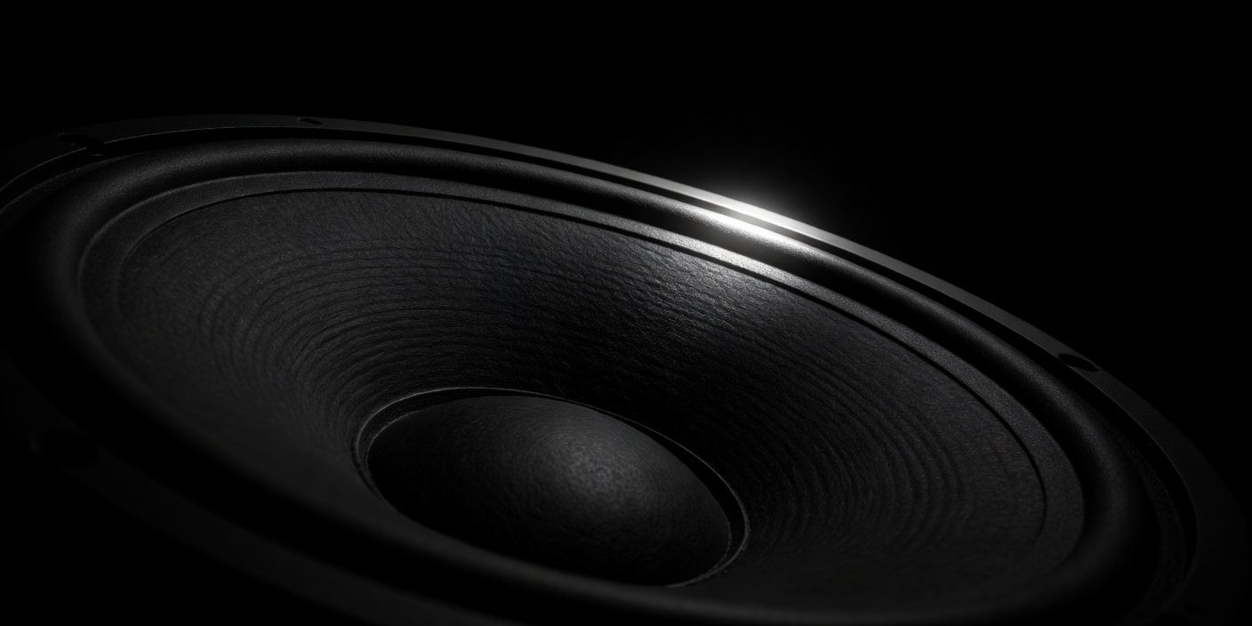 Close-up of a loudspeaker cone in deep shadow, a single highlight on its rim