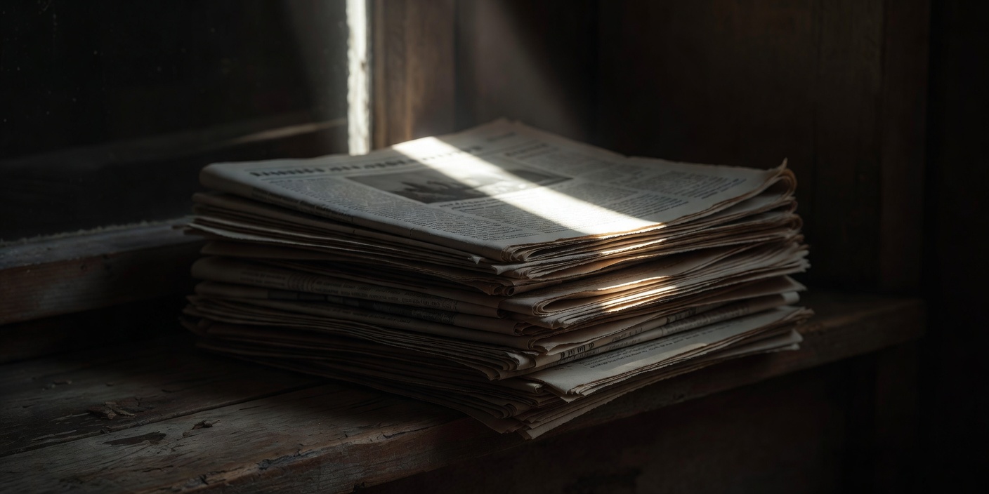 A stack of folded newspapers on a windowsill, one bright stripe of daylight across them in a dark room