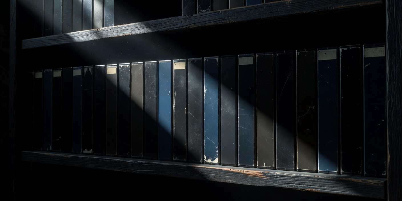 A row of old VHS tapes on a dark shelf, their spines catching a single shaft of light
