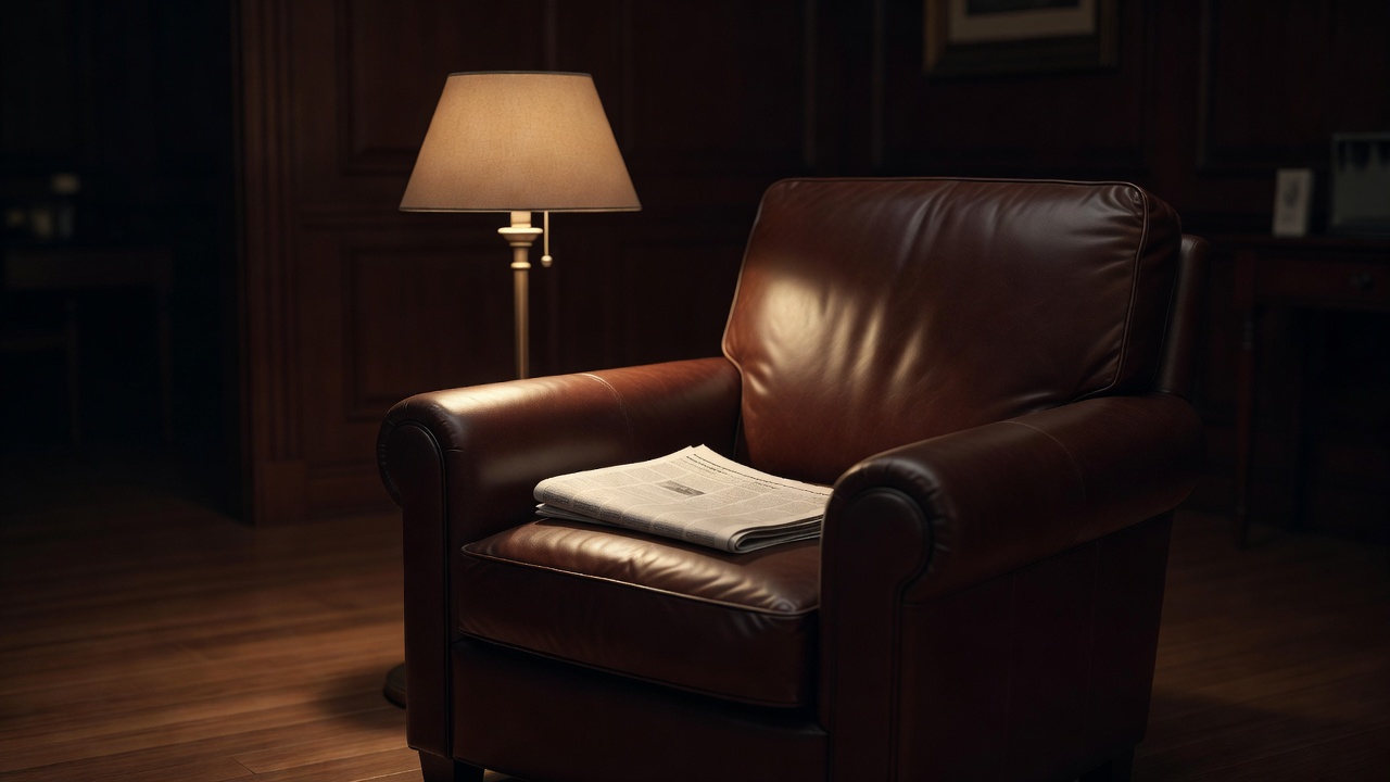 An empty armchair beside a low reading lamp in a dark room, a folded newspaper on the seat