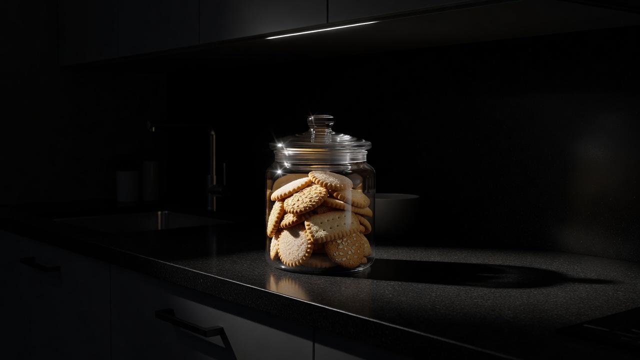 A glass biscuit jar on a kitchen counter, lit by one under-cabinet light in a dark kitchen