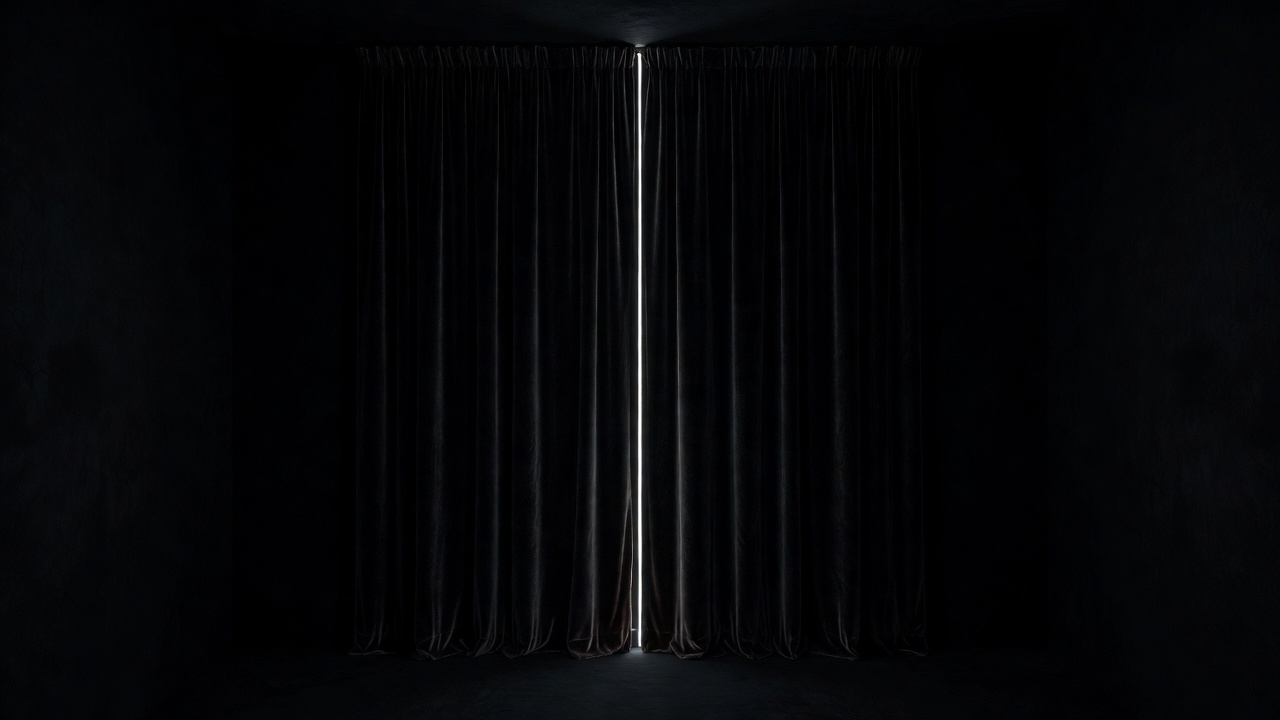 Heavy closed curtains with a thin line of light where they meet, in a dark room