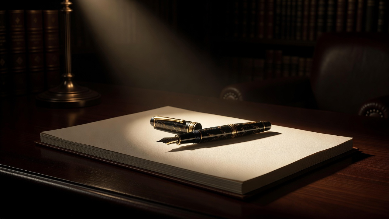 A fountain pen resting on cream letter paper, lit by a narrow beam of lamplight in a dark study