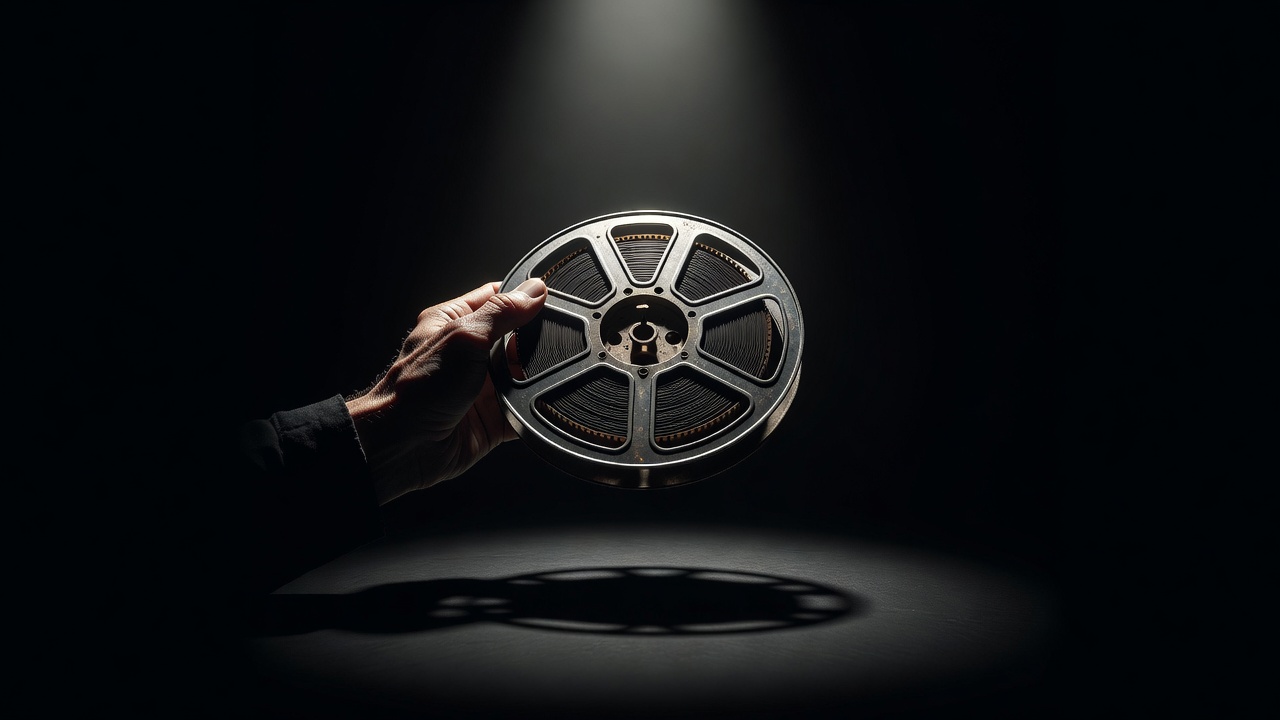 A hand holding a metal film reel up to a single light source, the rest of the frame in deep shadow