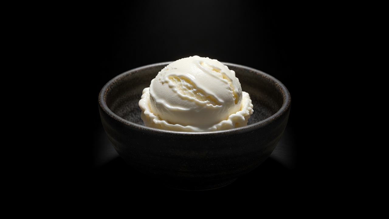 A single scoop of vanilla ice cream in a dark stoneware bowl, lit from above against a black background