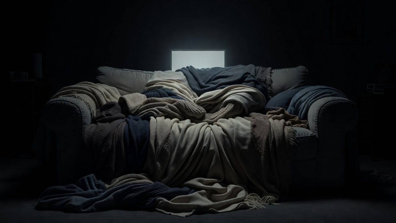 A deep sofa heaped with wool blankets, lit only by the pale glow of a screen in an otherwise dark room