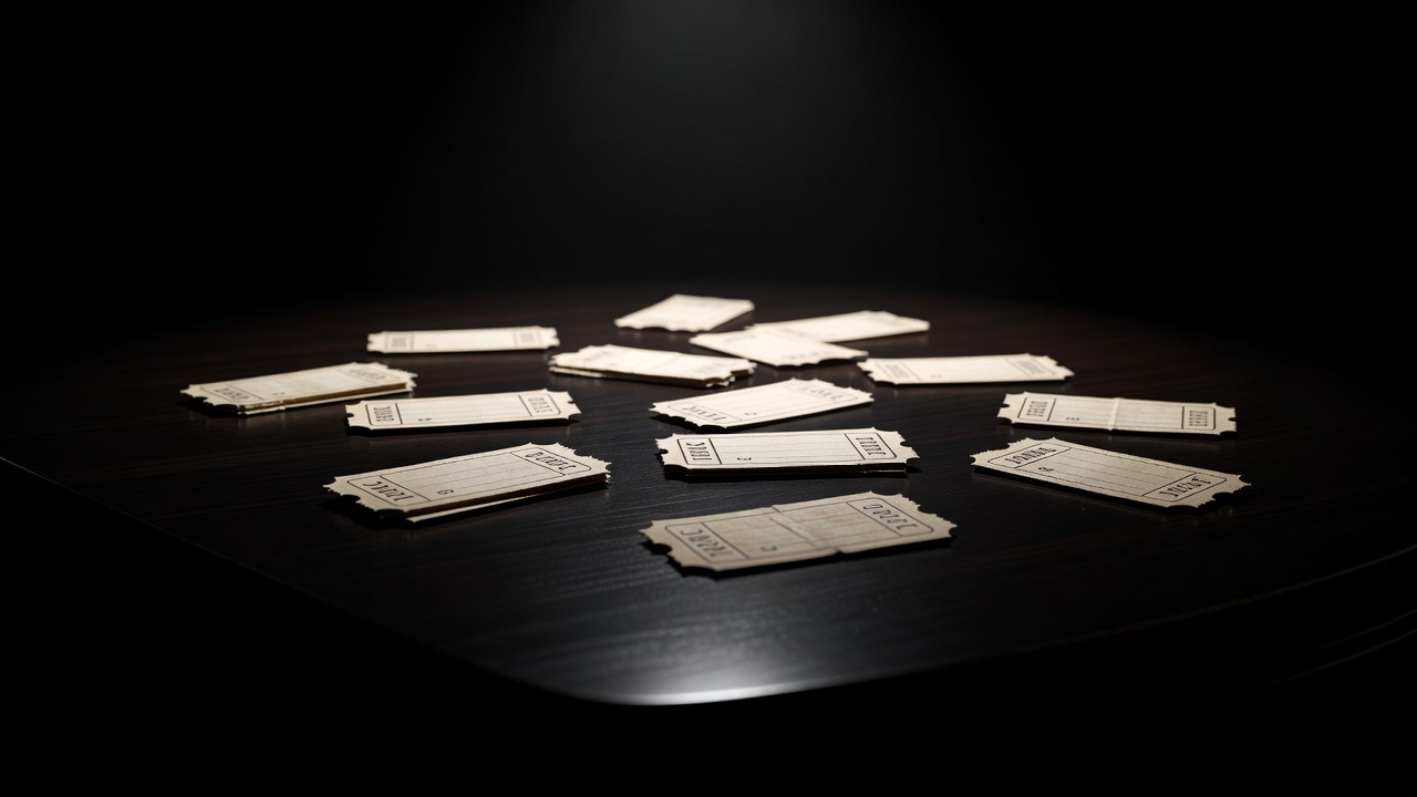Old paper cinema ticket stubs scattered on a dark table under a single spotlight