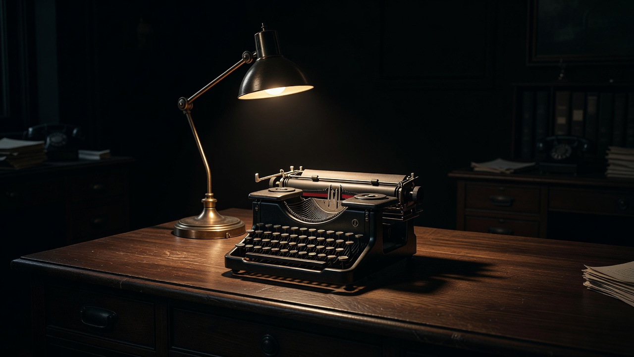 An old typewriter on a wooden desk lit by a single lamp, the surrounding office in darkness