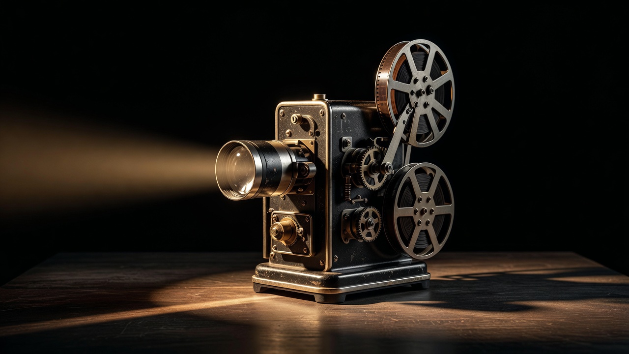 A vintage 8mm film projector on a table, its lens lit from one side against a black background